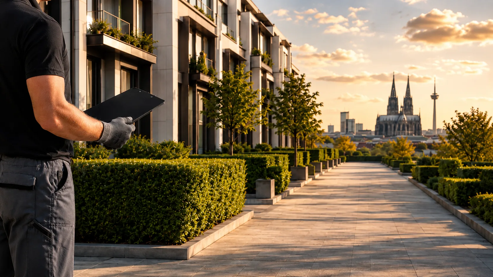 Hausmeister bei der Objektkontrolle vor einer Wohnanlage in Köln, im Hintergrund die Kölner Skyline