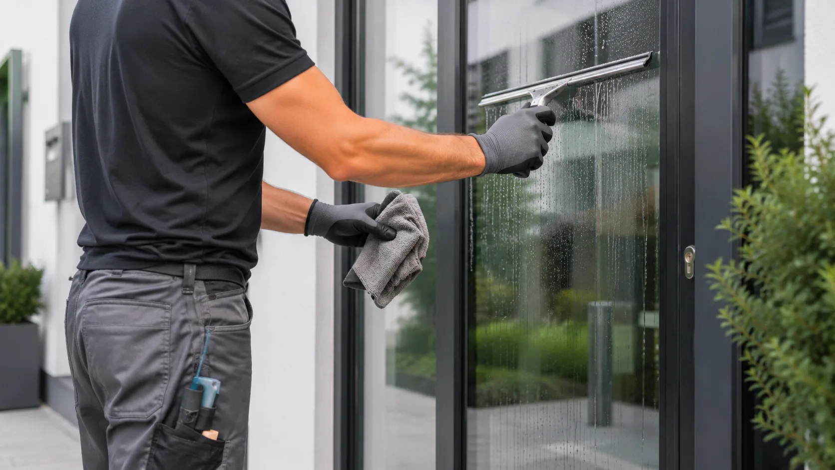Streifenfreie Fensterreinigung an einer Eingangstür